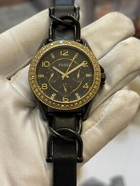Fossil ES3696 Riley Black Crystal-Set Dial Black Leather Strap Women's Watch